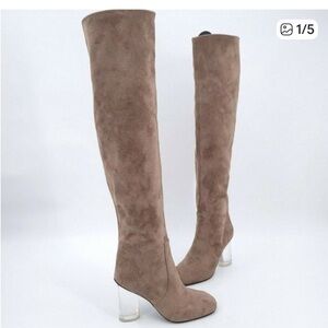 Jeffrey Campbell over-the-knee boots. Taupe. Lucite heels. Excellent condition